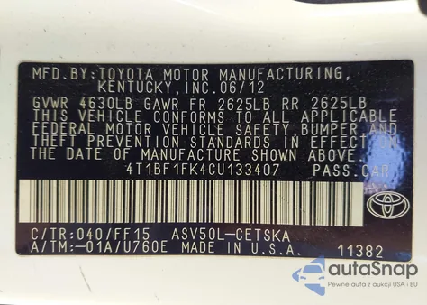 2012 Toyota Camry Se z USA, uszkodzony, nr VIN 4T1BF1FK4CU133407